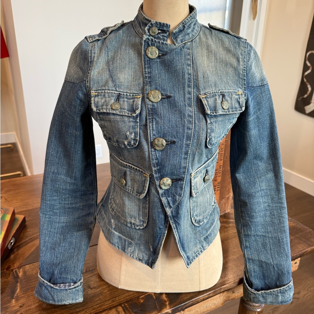 Ralph Lauren Polo Jeans Vintage Distressed Blue Military-Style Denim Jacket